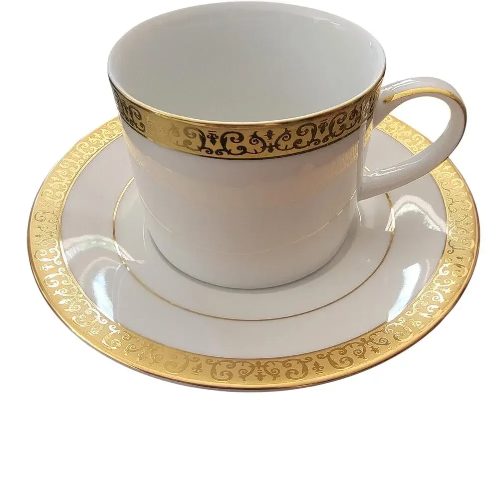 Royal Gallery Gold Buffet Cup & Saucer White Gold Trim Porcelain Sri Lanka 1991